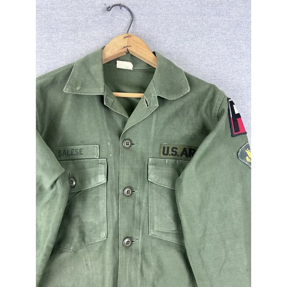 Vintage US Army OG-107 Cotton Sateen Utility Shirt Jacket Green XS 14.5x33